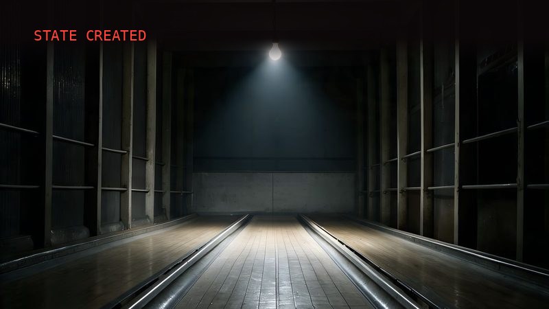 A single bowling lane lit by one bare bulb in an otherwise pitch-dark, empty alley.