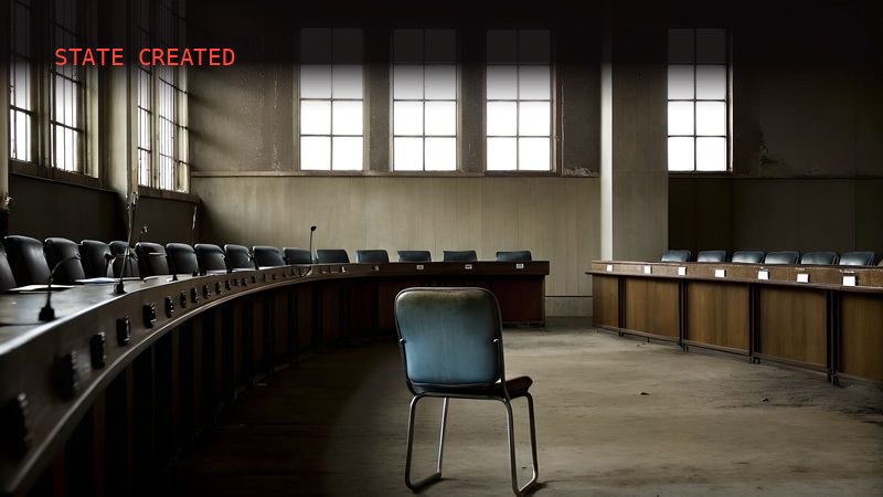 A single empty chair placed alone on the floor of a dim, deserted council chamber, facing a long curved dais of vacant seats.