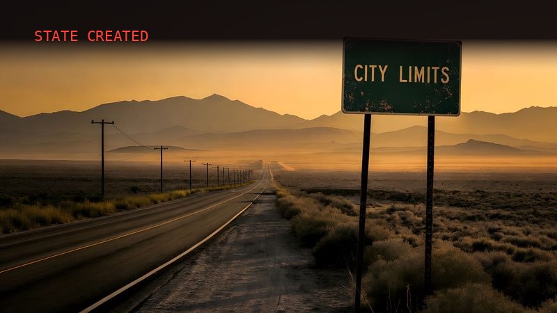 An empty two-lane highway running out of town into open desert at dusk, past a weathered circuit limit sign.