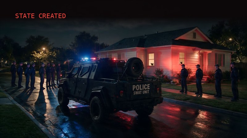 A police armored vehicle parked across a residential street at night, with two rows of officers standing motionless on the lawn of a small house lit red by emergency lights.