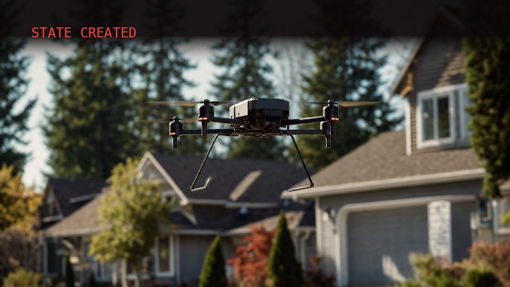 A black quadcopter drone hovering at rooftop height over a quiet suburban street of gray craftsman houses, tall firs and bright sky behind it, the street below empty.