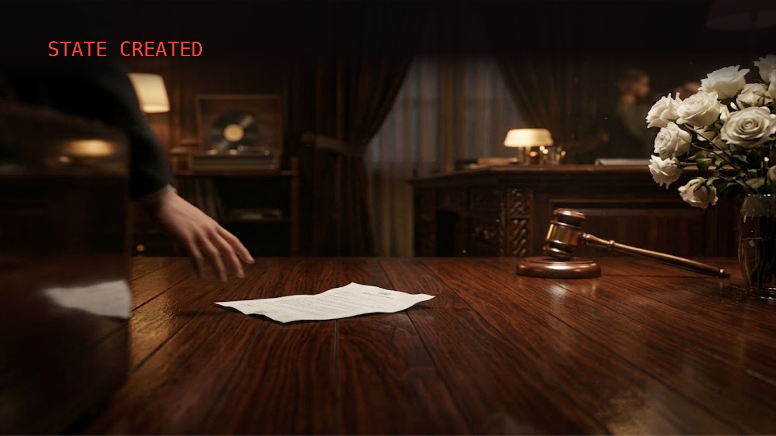 A single sheet of paper lying on gleaming dark hardwood in a dim, wood-paneled chamber, a hand reaching down toward it; a judge&rsquo;s gavel rests on its block to the right beside a vase of white roses, lamps glowing low in the background.