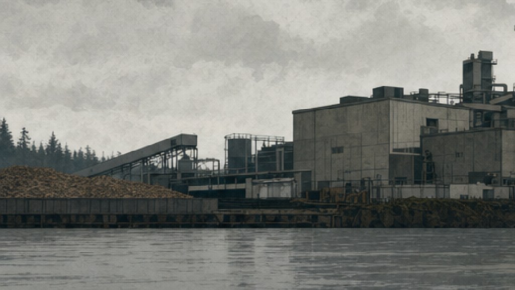A pulp mill on the far bank of a wide gray river under low overcast, a pale plume drifting from its stack; a long mound of wood chips sits on the dock in front of it, dark firs receding into haze beyond.