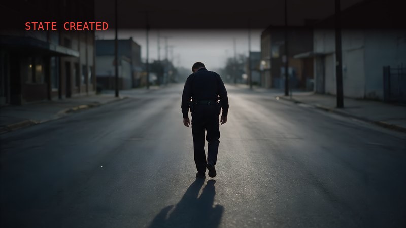 A uniformed police officer walking away down the center of an empty small-town street at dawn, head down, his long shadow trailing behind him.