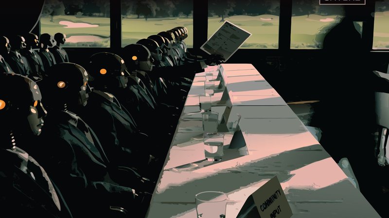 A long banquet table in a country club dining room overlooking a golf course, lined with identical dark robotic figures in suits with glowing orange eyes; a place card at the empty near end of the table reads COMMUNITY INPUT.