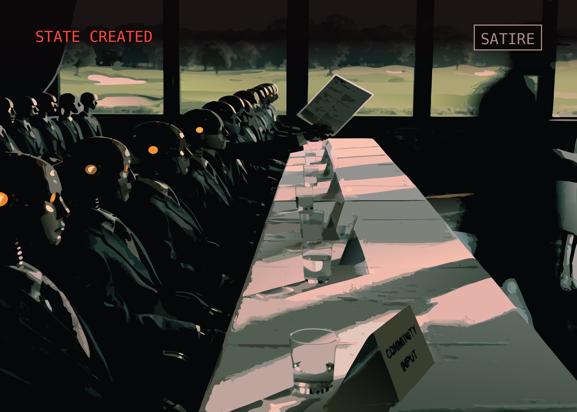 A long banquet table in a country club dining room overlooking a golf course, lined with identical dark robotic figures in suits with glowing orange eyes; a place card at the empty near end of the table reads COMMUNITY INPUT.