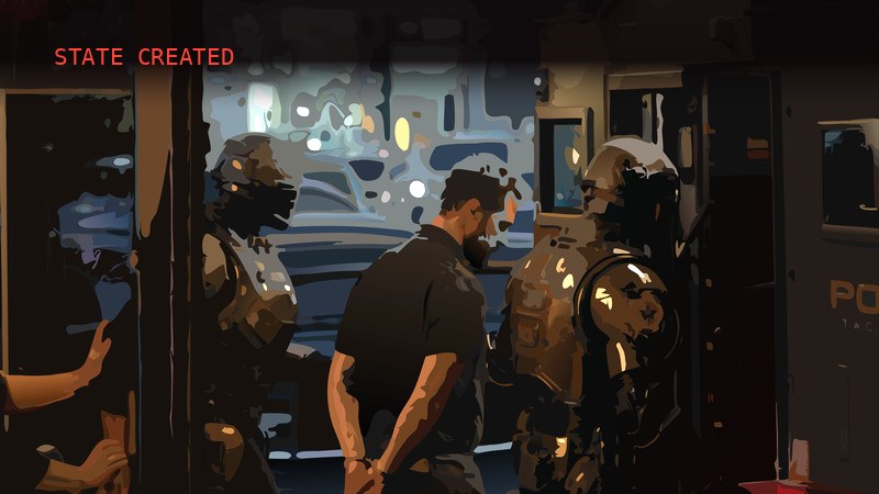 Seen at night through a restaurant window: a handcuffed man being walked to a waiting police vehicle by officers in tactical gear, while a diner inside rests a hand against the glass.