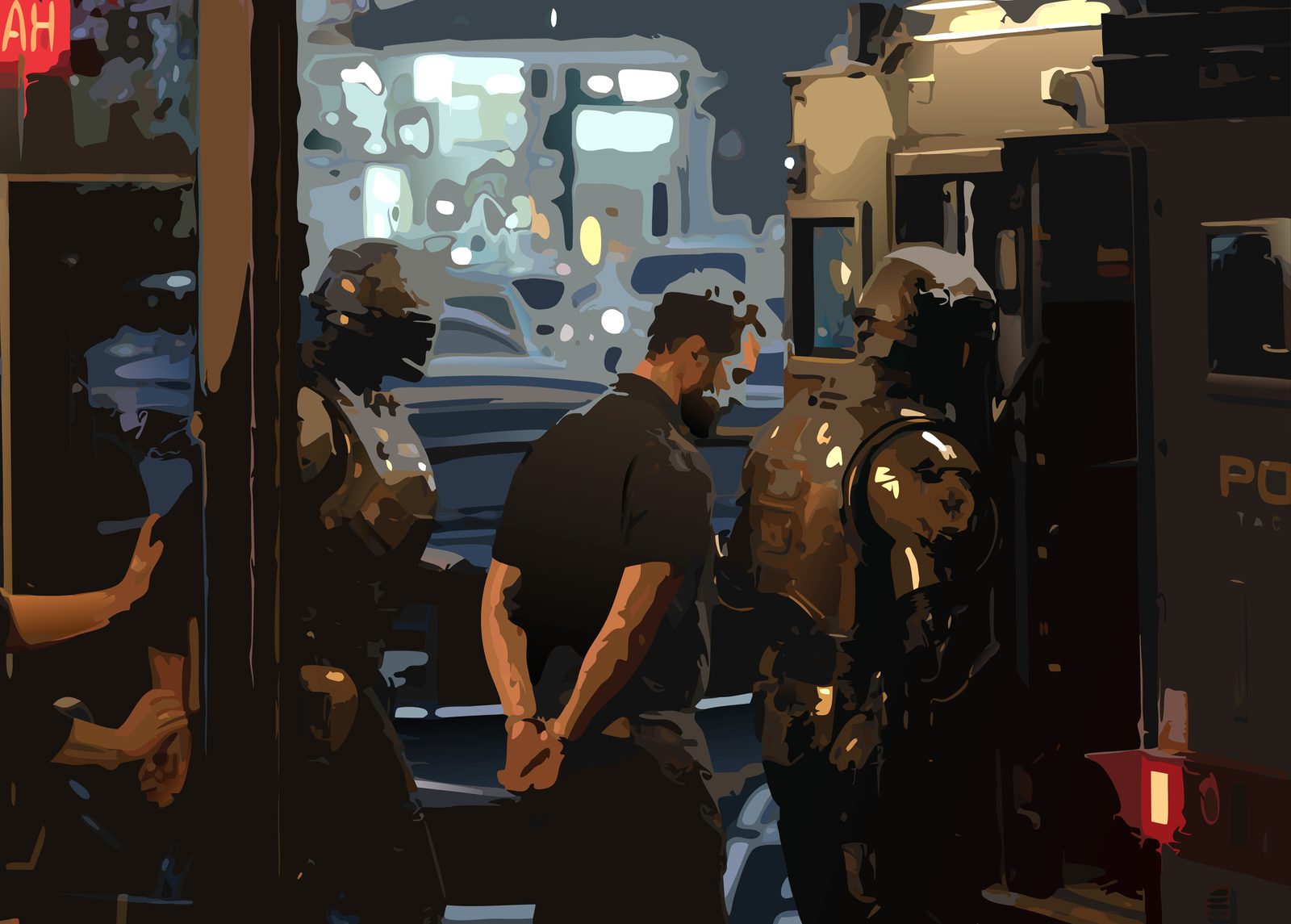 Seen at night through a restaurant window: a handcuffed man being walked to a waiting police vehicle by officers in tactical gear, while a diner inside rests a hand against the glass.