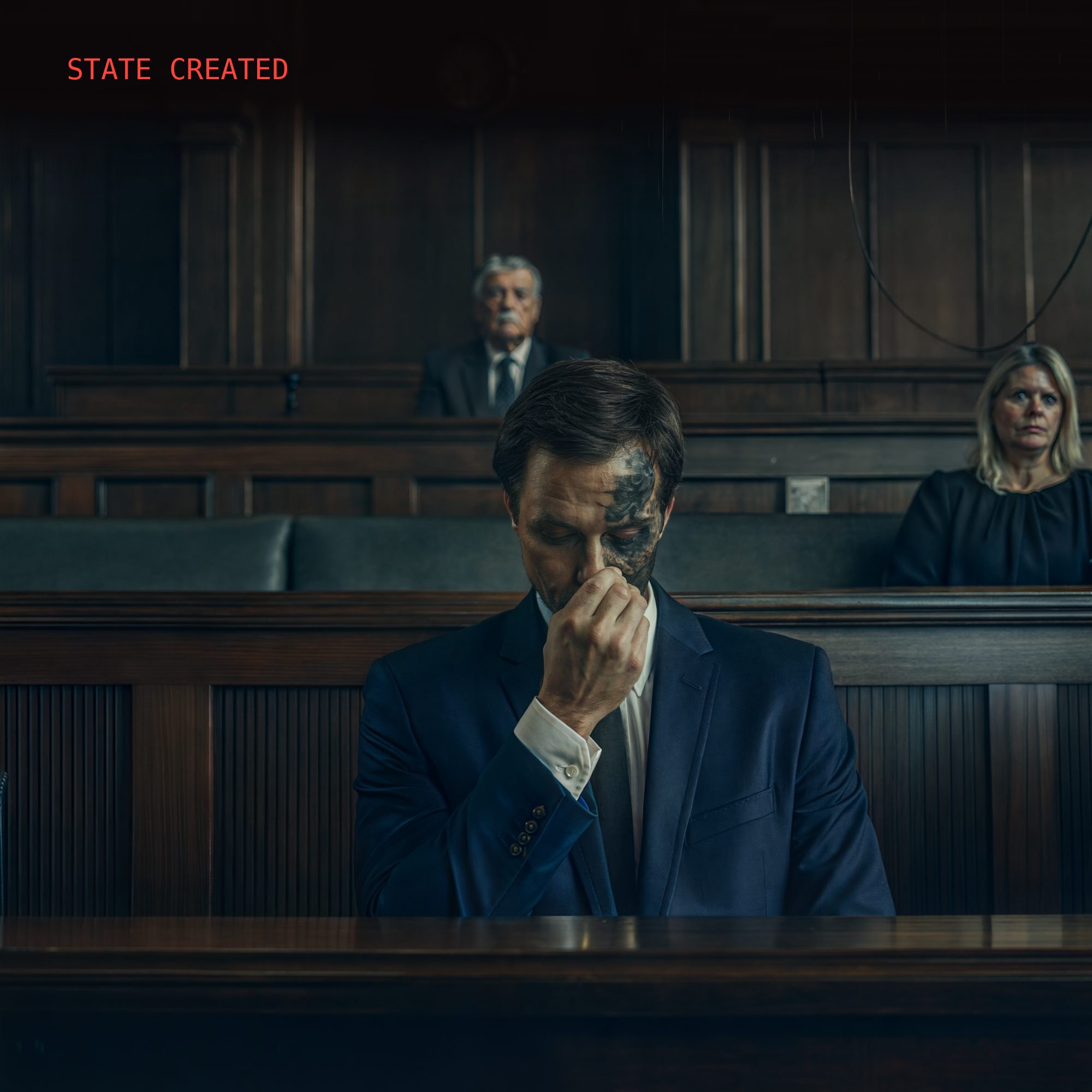 A man in a navy suit seated alone at a courtroom table, head bowed with a hand to his face, exposed circuitry showing beneath the skin on one side of his face while a judge and another figure look on.