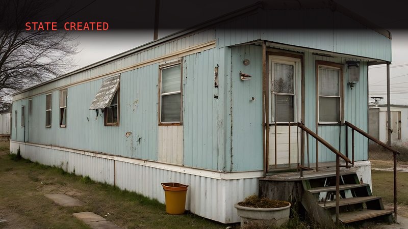 A weathered pale-blue single-wide trailer with a plywood ramp, a yellow bucket, and a rusted step rail, under an overcast sky.